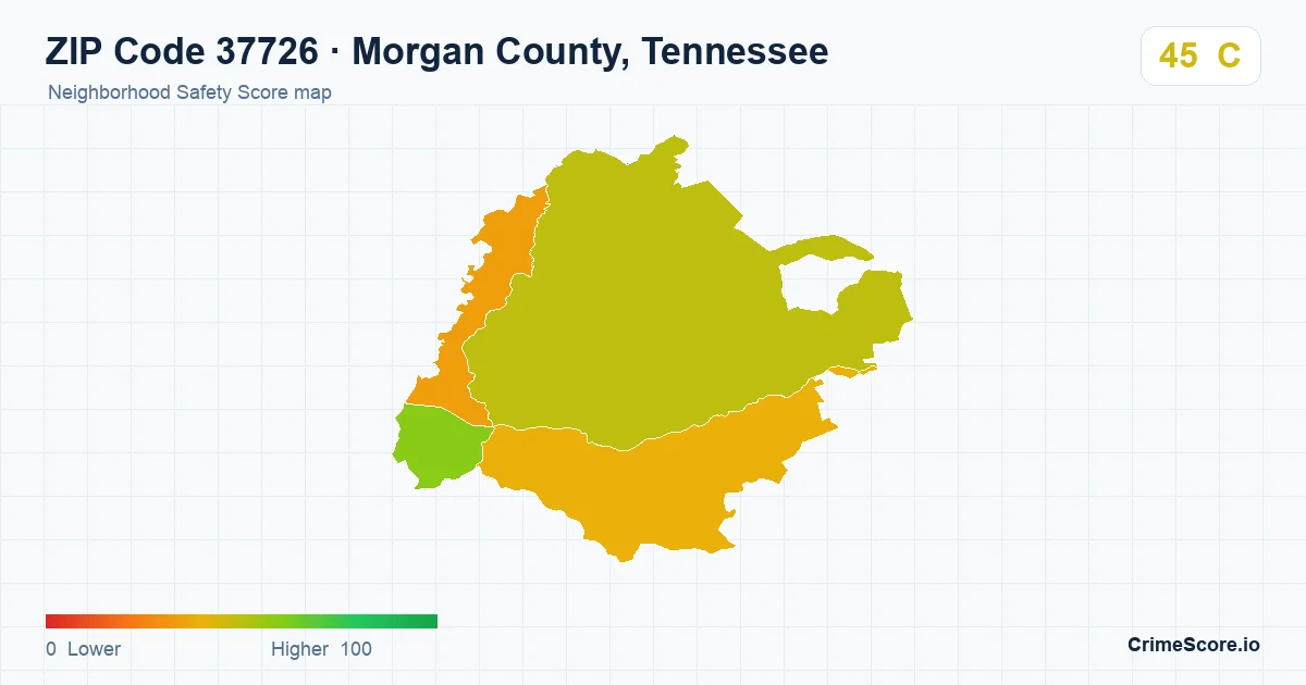 ZIP Code 37726 in Morgan County, Tennessee neighborhood Safety Score map