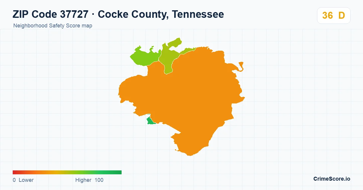 ZIP Code 37727 in Cocke County, Tennessee neighborhood Safety Score map