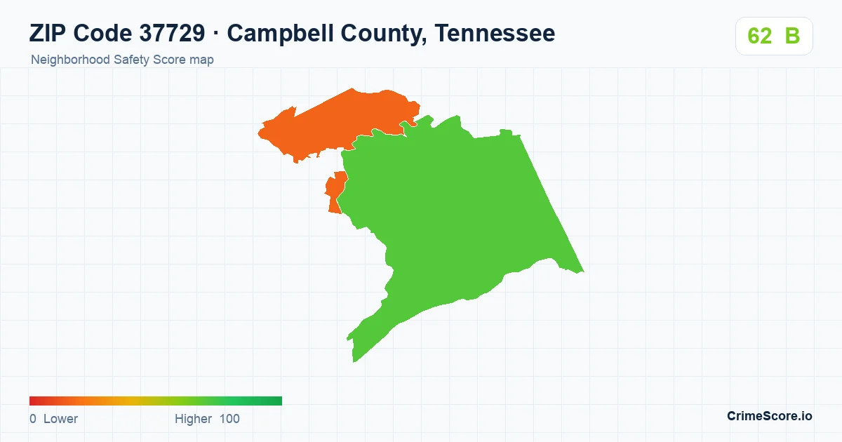 ZIP Code 37729 in Campbell County, Tennessee neighborhood Safety Score map