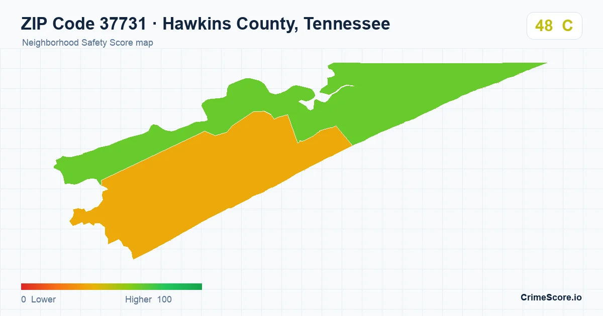 ZIP Code 37731 in Hawkins County, Tennessee neighborhood Safety Score map