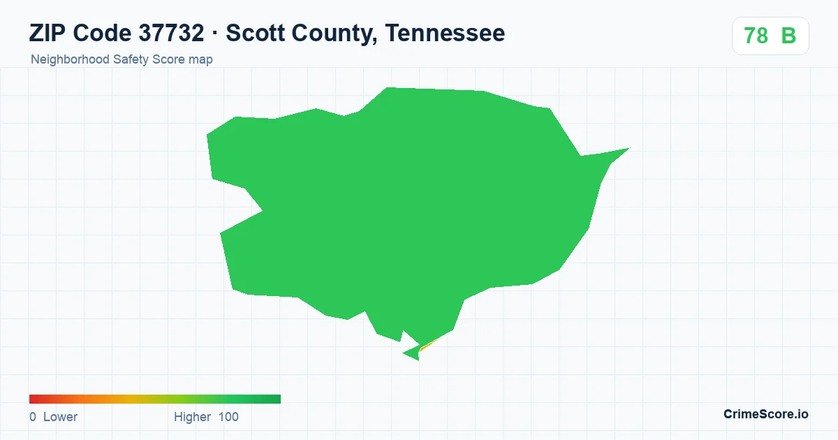 ZIP Code 37732 in Scott County, Tennessee neighborhood Safety Score map