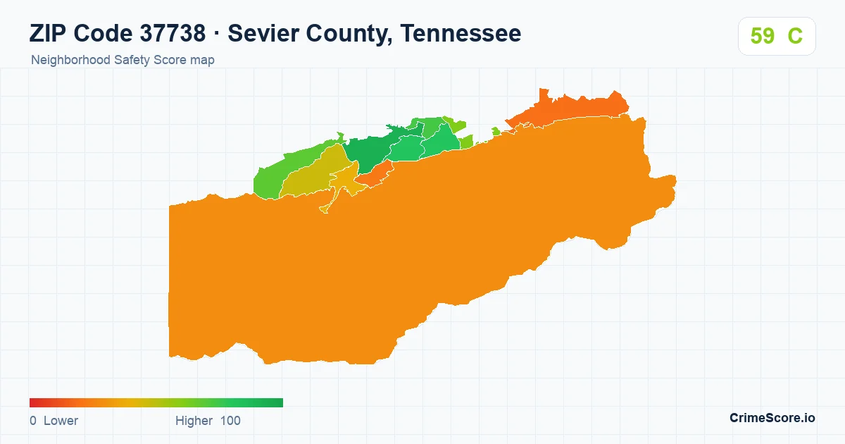 ZIP Code 37738 in Sevier County, Tennessee neighborhood Safety Score map