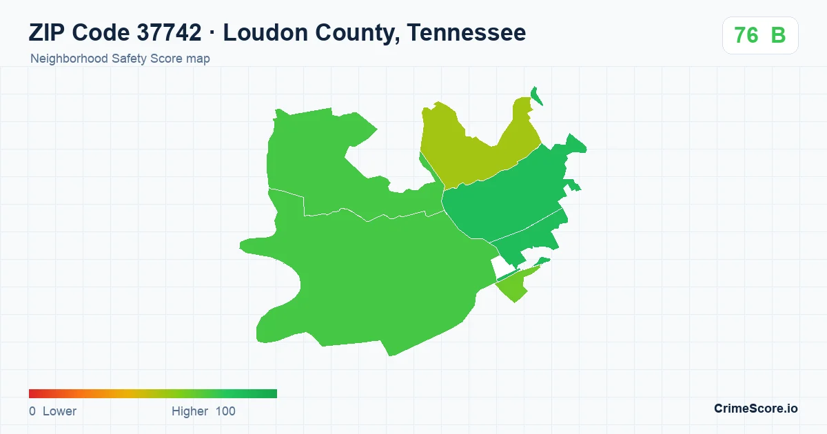 ZIP Code 37742 in Loudon County, Tennessee neighborhood Safety Score map