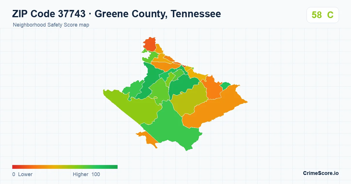 ZIP Code 37743 in Greene County, Tennessee neighborhood Safety Score map