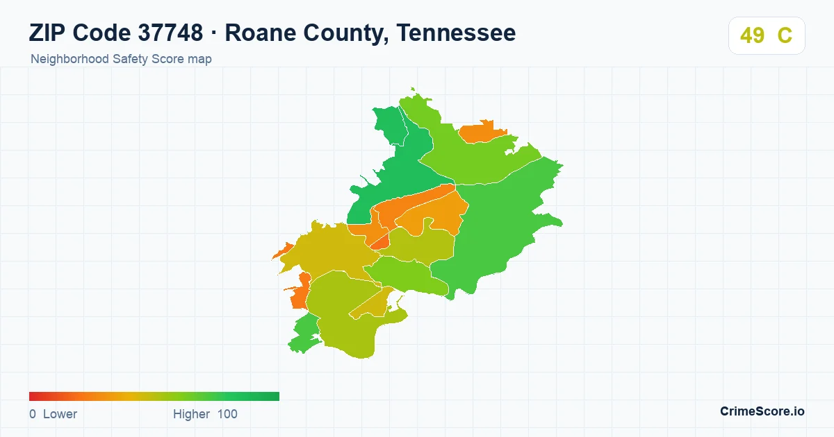 ZIP Code 37748 in Roane County, Tennessee neighborhood Safety Score map