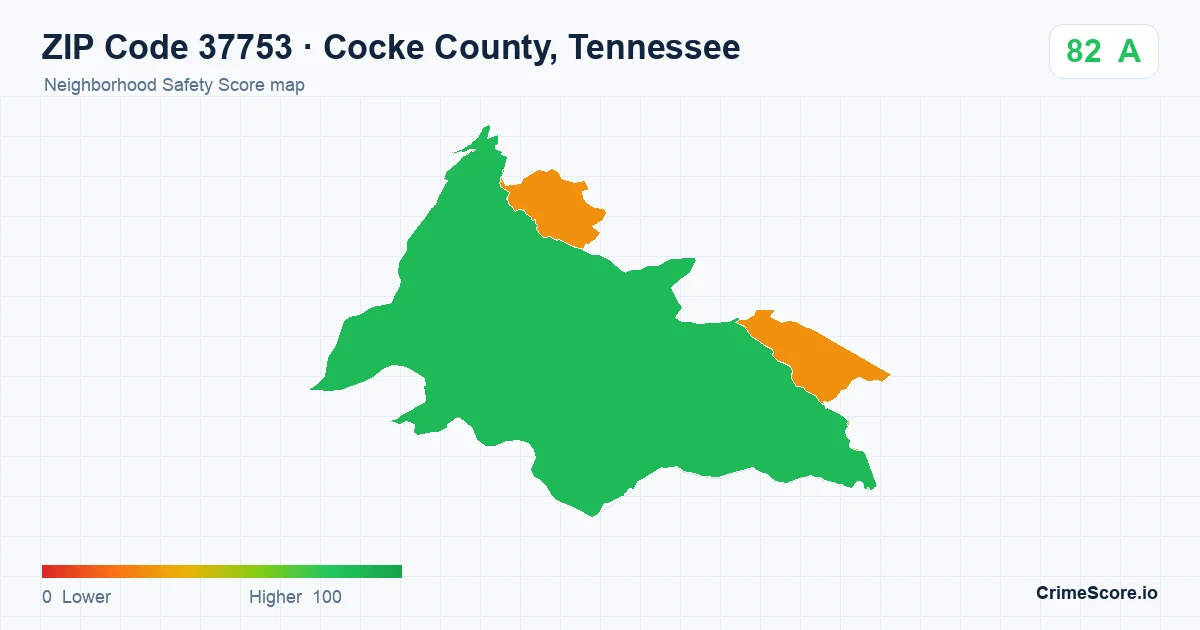 ZIP Code 37753 in Cocke County, Tennessee neighborhood Safety Score map