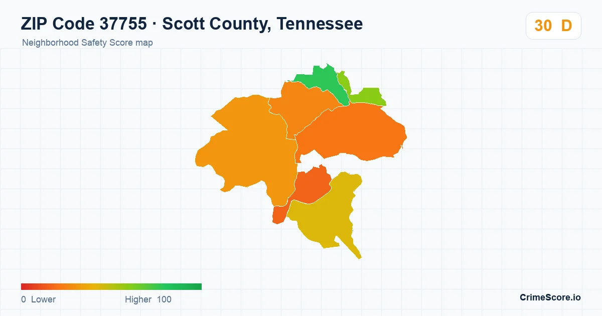 ZIP Code 37755 in Scott County, Tennessee neighborhood Safety Score map