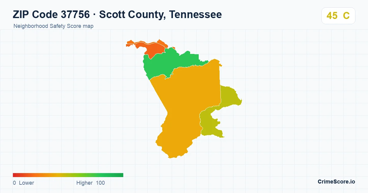 ZIP Code 37756 in Scott County, Tennessee neighborhood Safety Score map