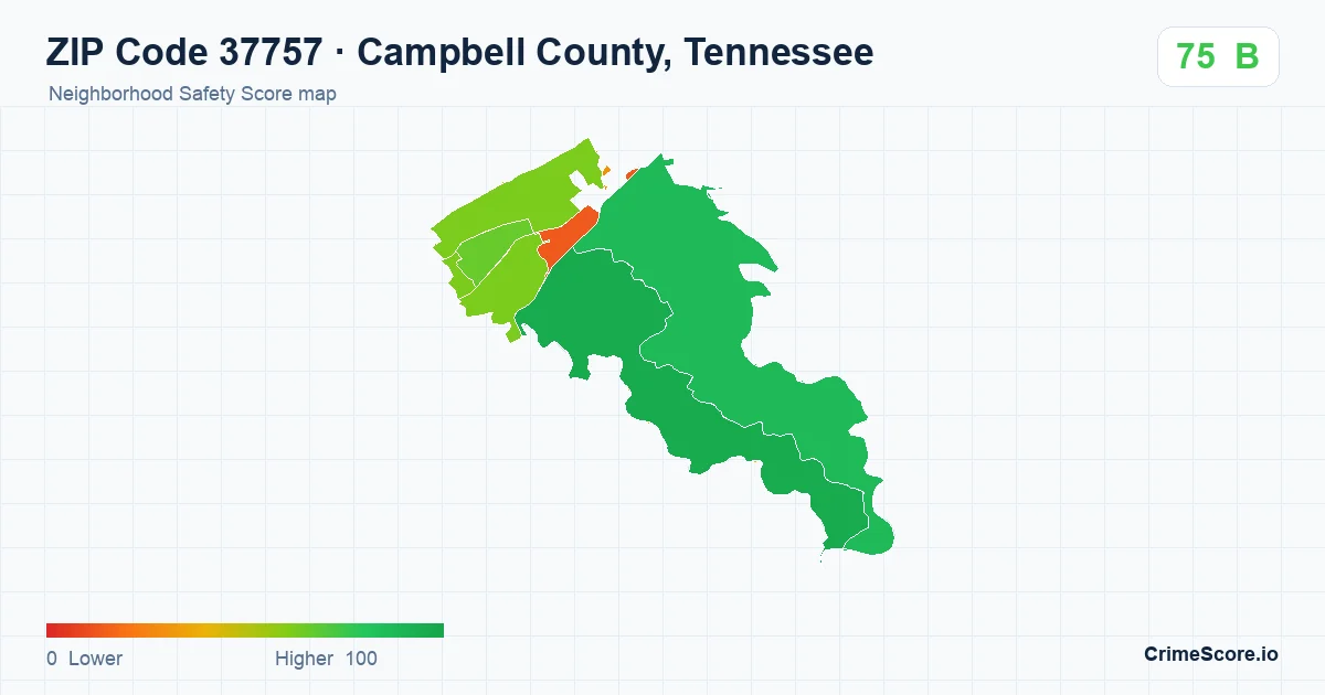 ZIP Code 37757 in Campbell County, Tennessee neighborhood Safety Score map