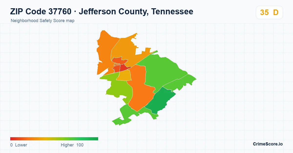 ZIP Code 37760 in Jefferson County, Tennessee neighborhood Safety Score map