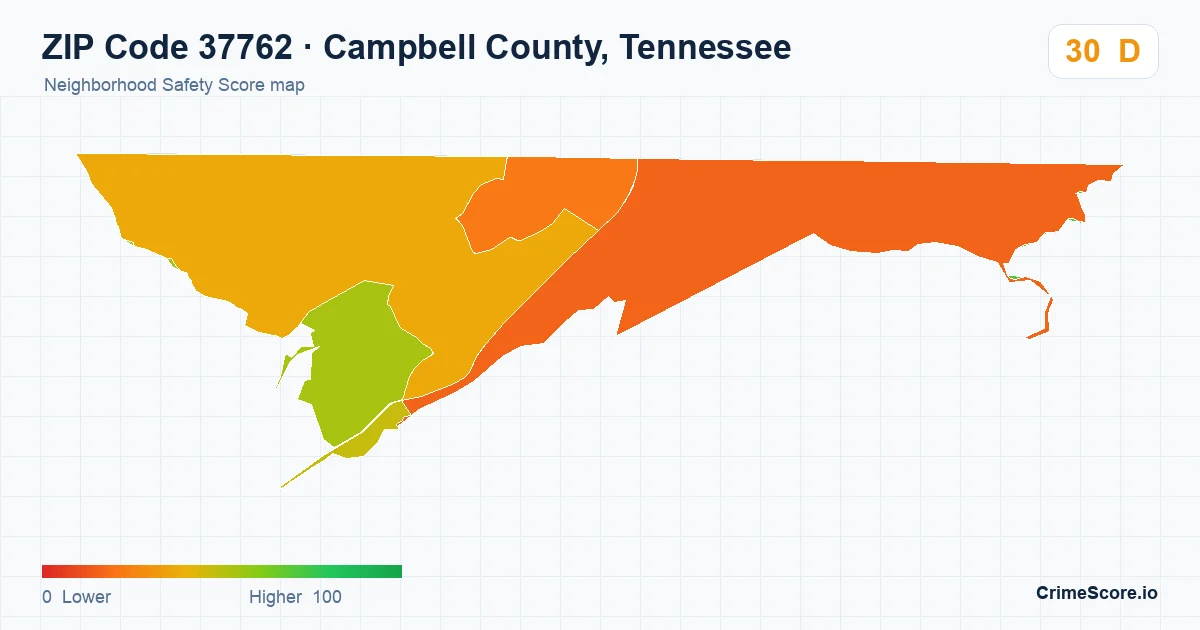 ZIP Code 37762 in Campbell County, Tennessee neighborhood Safety Score map