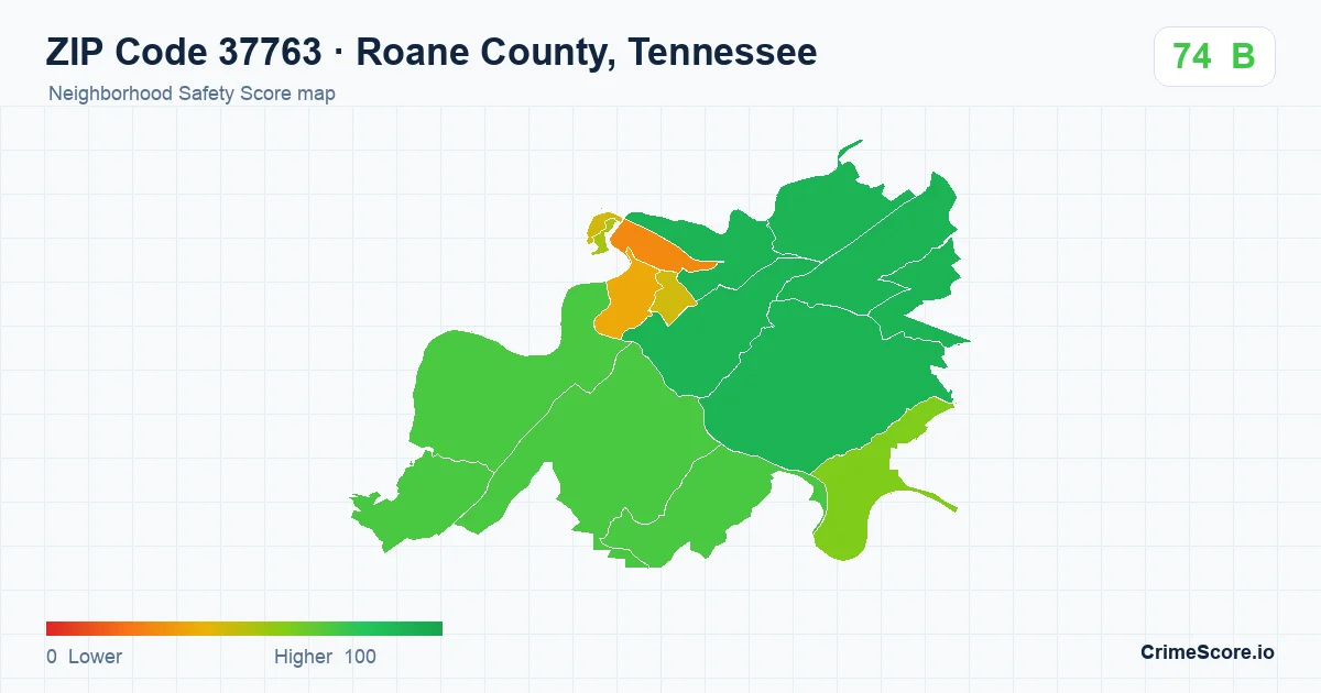 ZIP Code 37763 in Roane County, Tennessee neighborhood Safety Score map