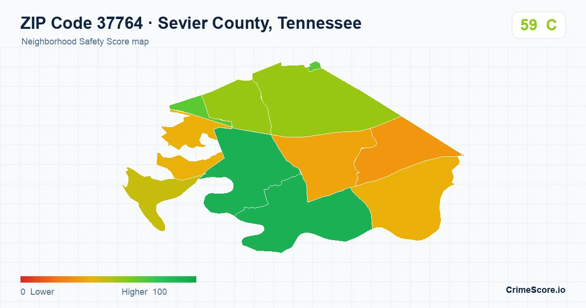 ZIP Code 37764 in Sevier County, Tennessee neighborhood Safety Score map