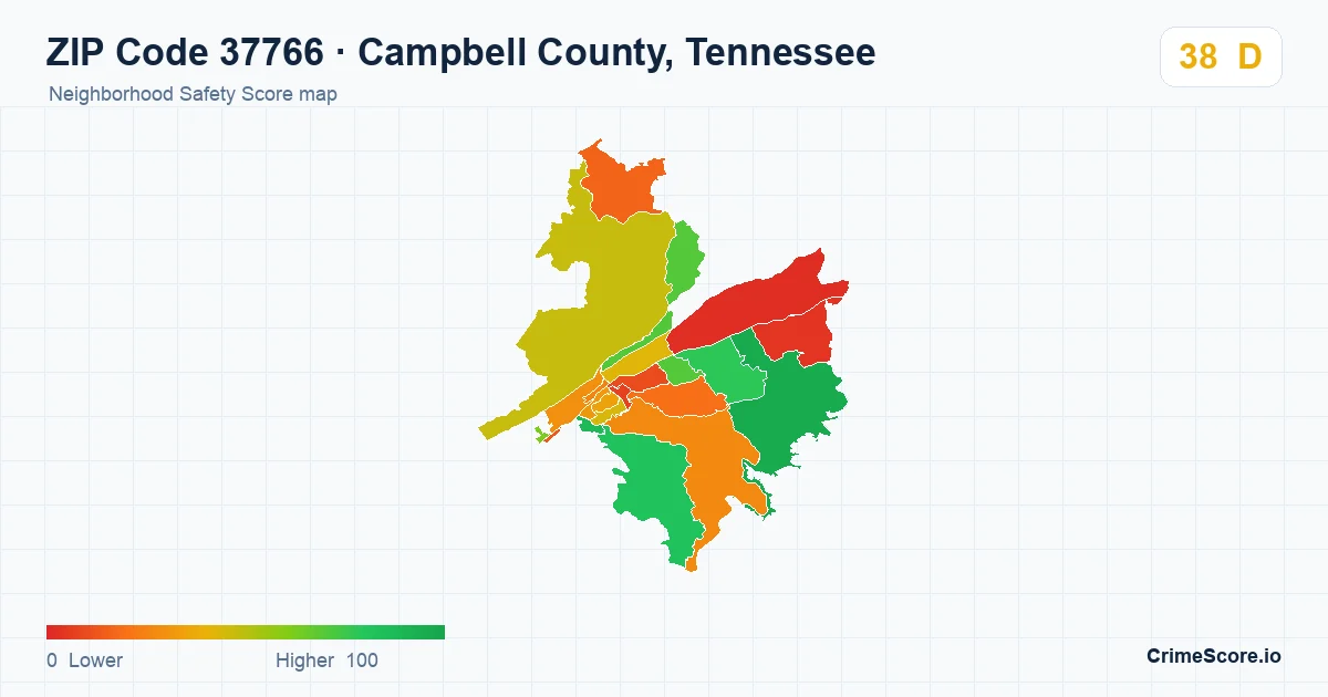 ZIP Code 37766 in Campbell County, Tennessee neighborhood Safety Score map