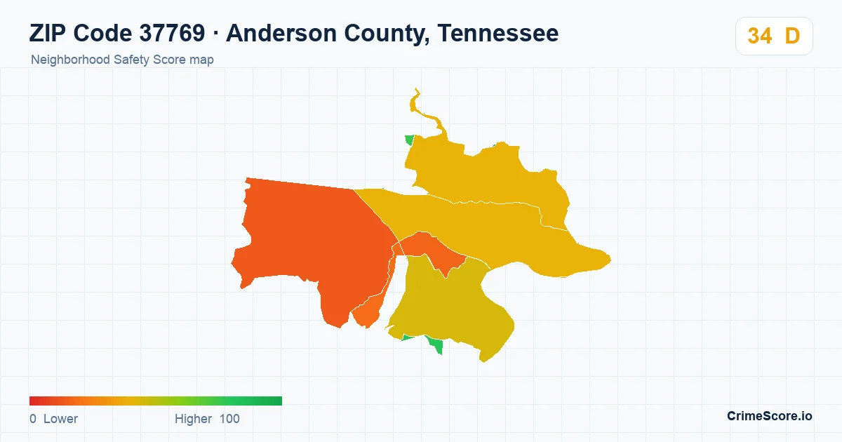 ZIP Code 37769 in Anderson County, Tennessee neighborhood Safety Score map