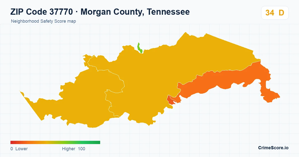 ZIP Code 37770 in Morgan County, Tennessee neighborhood Safety Score map