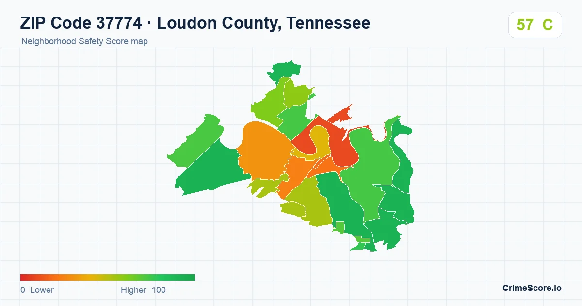 ZIP Code 37774 in Loudon County, Tennessee neighborhood Safety Score map
