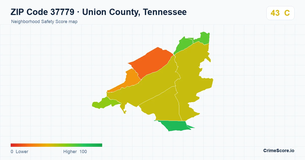 ZIP Code 37779 in Union County, Tennessee neighborhood Safety Score map