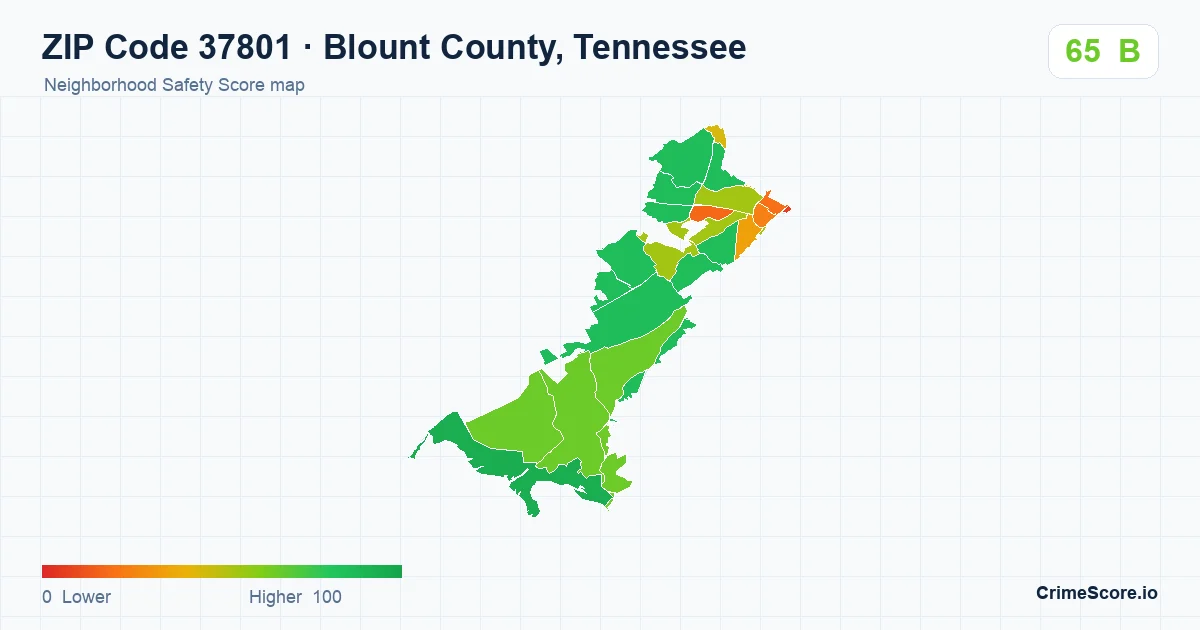 ZIP Code 37801 in Blount County, Tennessee neighborhood Safety Score map