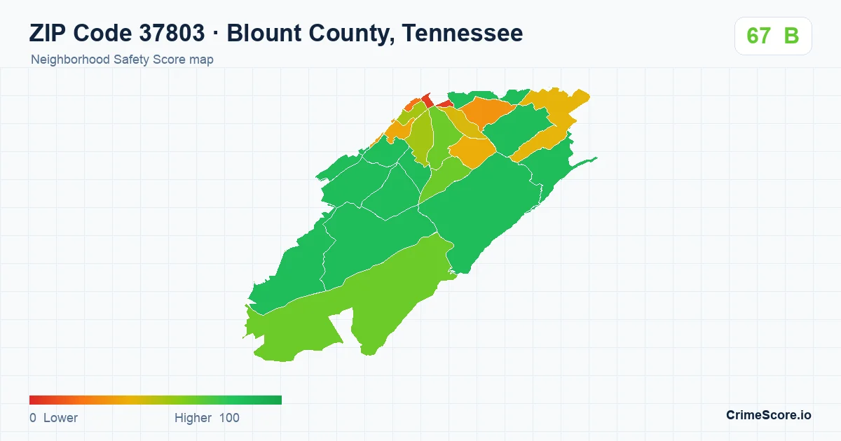 ZIP Code 37803 in Blount County, Tennessee neighborhood Safety Score map