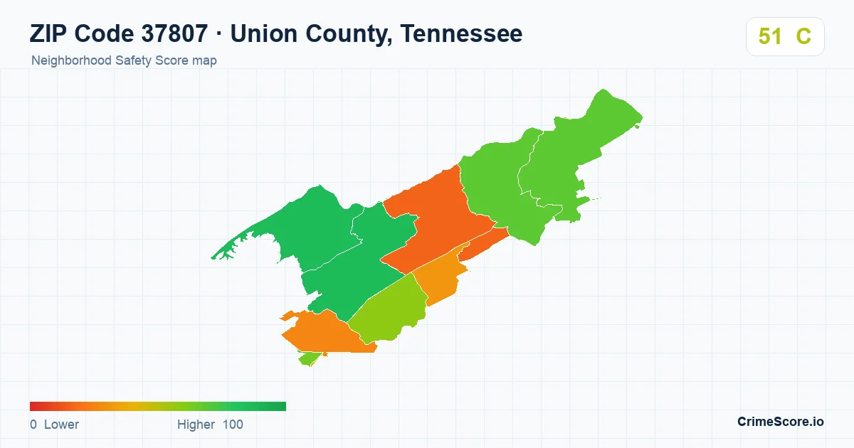 ZIP Code 37807 in Union County, Tennessee neighborhood Safety Score map