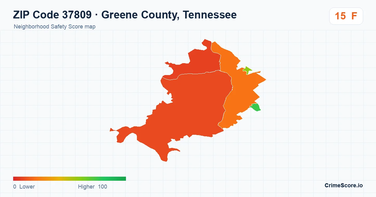 ZIP Code 37809 in Greene County, Tennessee neighborhood Safety Score map