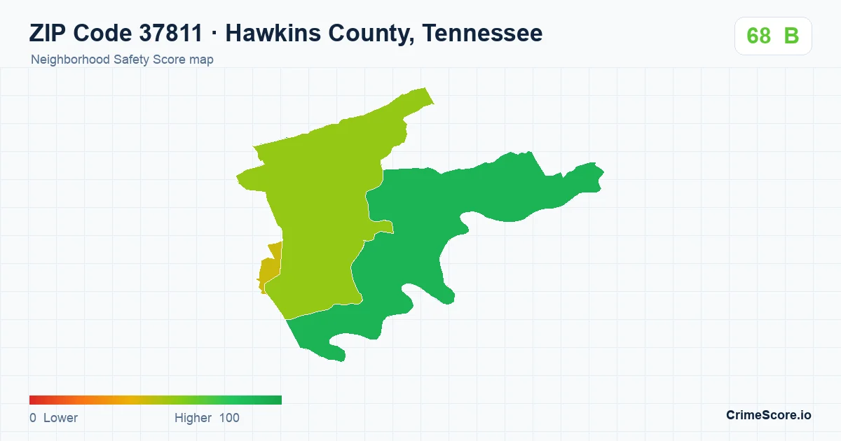 ZIP Code 37811 in Hawkins County, Tennessee neighborhood Safety Score map