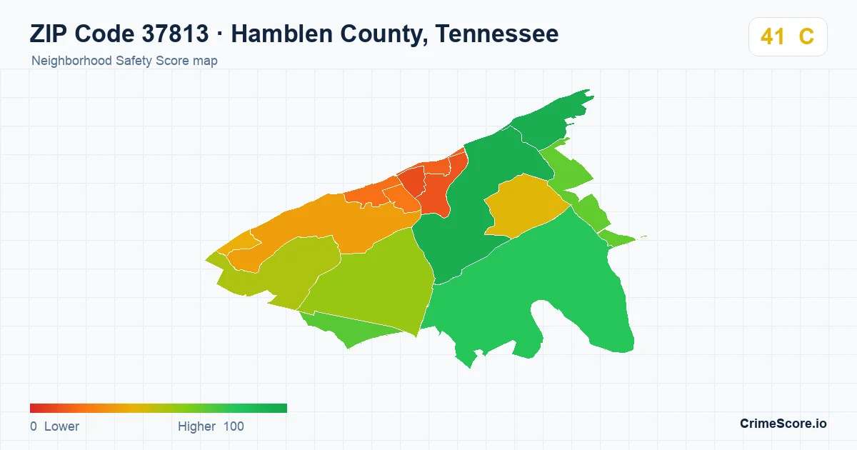ZIP Code 37813 in Hamblen County, Tennessee neighborhood Safety Score map