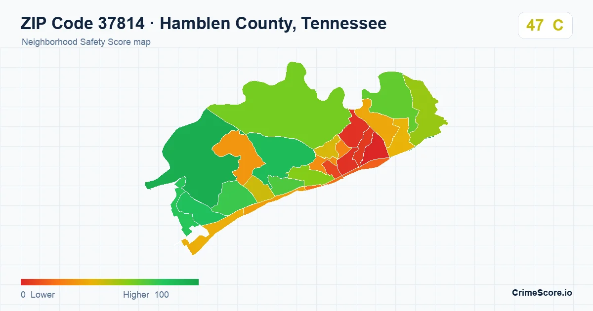 ZIP Code 37814 in Hamblen County, Tennessee neighborhood Safety Score map