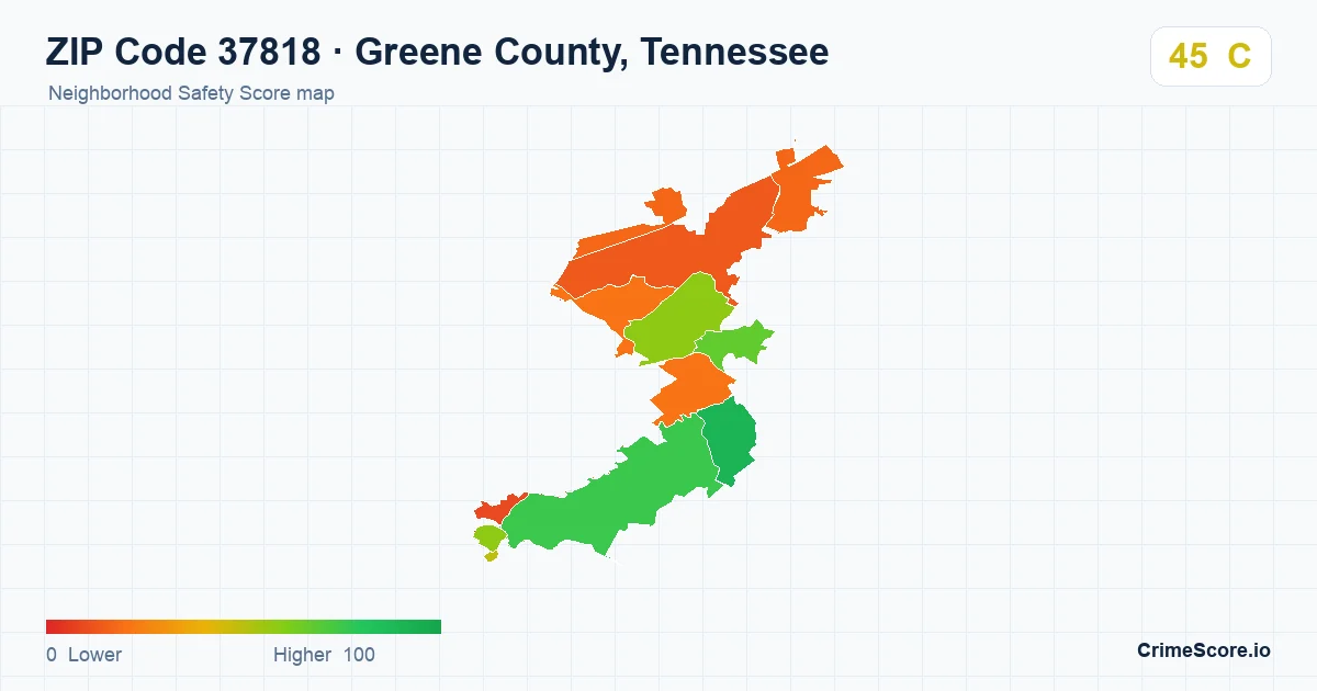ZIP Code 37818 in Greene County, Tennessee neighborhood Safety Score map