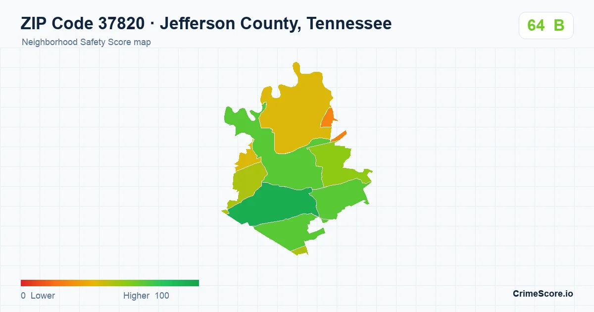 ZIP Code 37820 in Jefferson County, Tennessee neighborhood Safety Score map