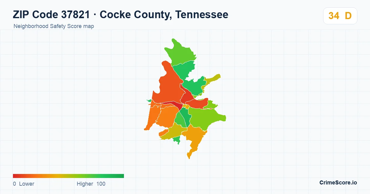 ZIP Code 37821 in Cocke County, Tennessee neighborhood Safety Score map