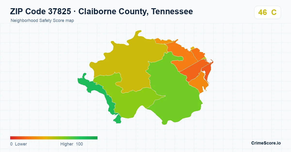 ZIP Code 37825 in Claiborne County, Tennessee neighborhood Safety Score map