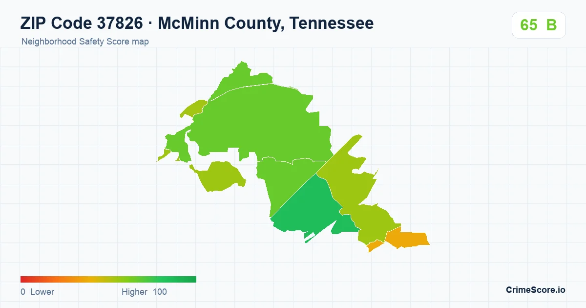 ZIP Code 37826 in McMinn County, Tennessee neighborhood Safety Score map