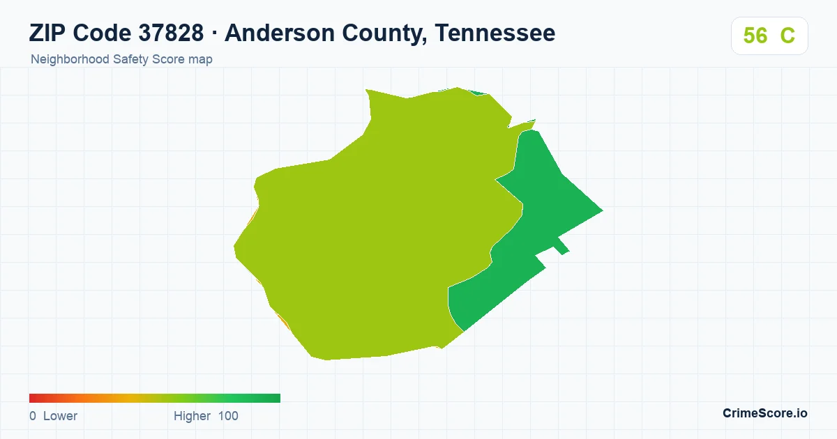 ZIP Code 37828 in Anderson County, Tennessee neighborhood Safety Score map