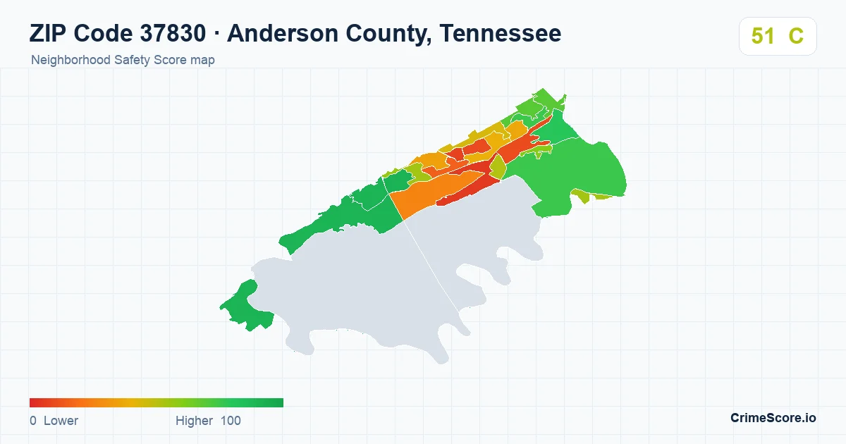 ZIP Code 37830 in Anderson County, Tennessee neighborhood Safety Score map
