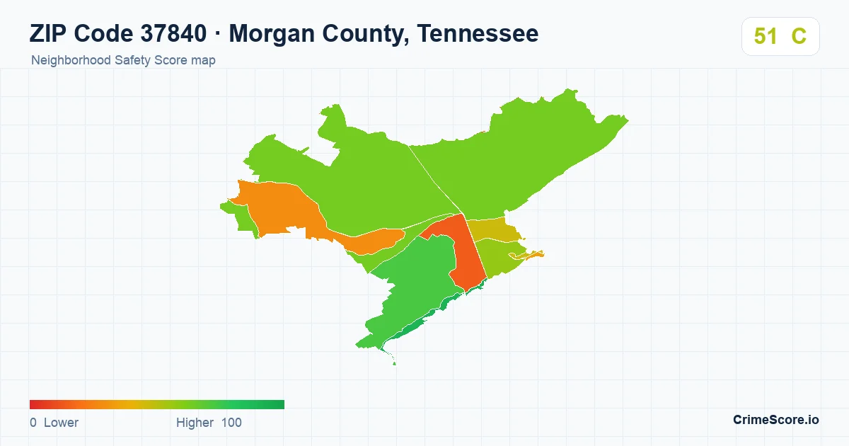 ZIP Code 37840 in Morgan County, Tennessee neighborhood Safety Score map