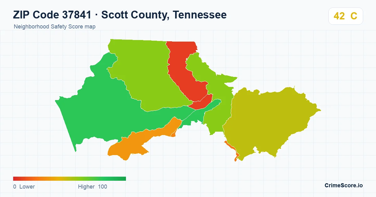 ZIP Code 37841 in Scott County, Tennessee neighborhood Safety Score map