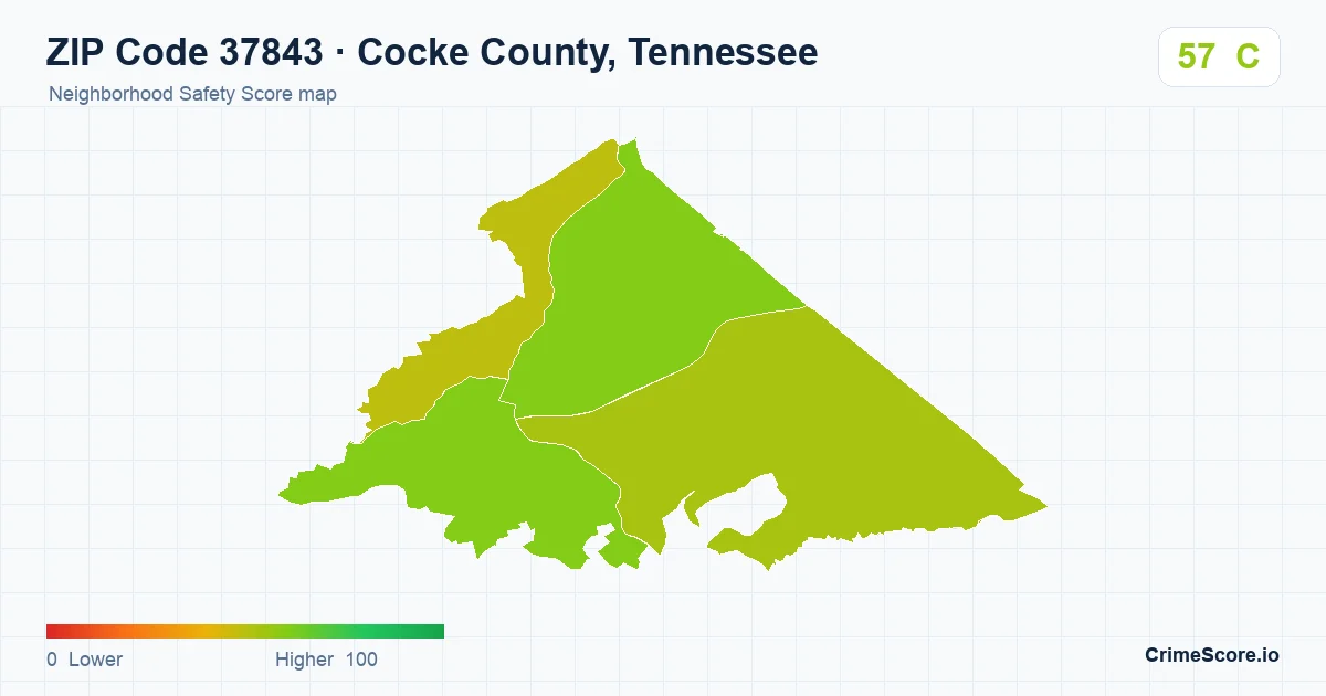 ZIP Code 37843 in Cocke County, Tennessee neighborhood Safety Score map