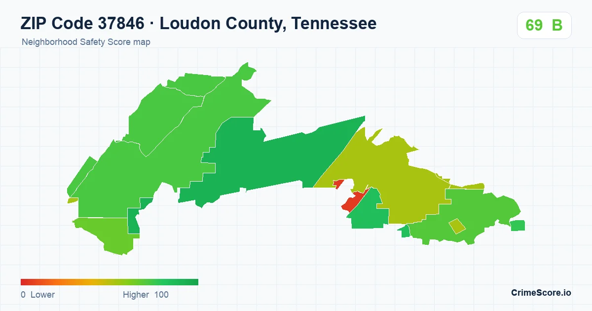 ZIP Code 37846 in Loudon County, Tennessee neighborhood Safety Score map