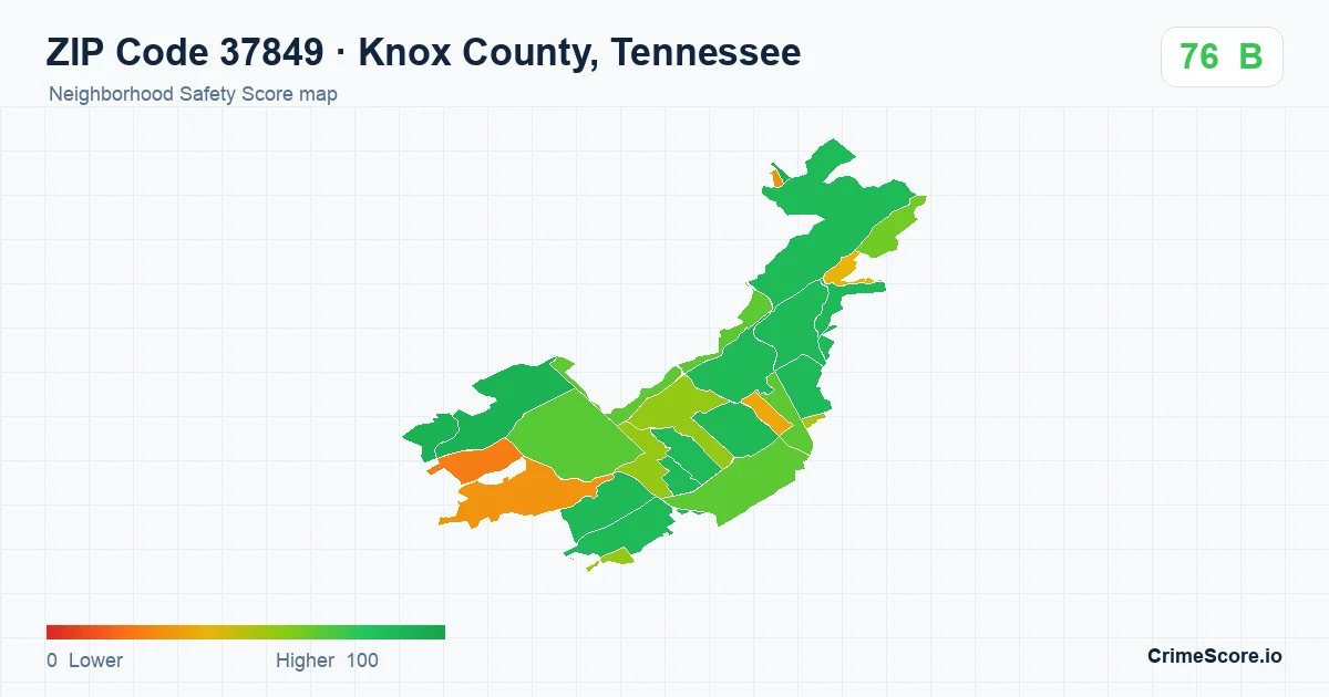 ZIP Code 37849 in Knox County, Tennessee neighborhood Safety Score map