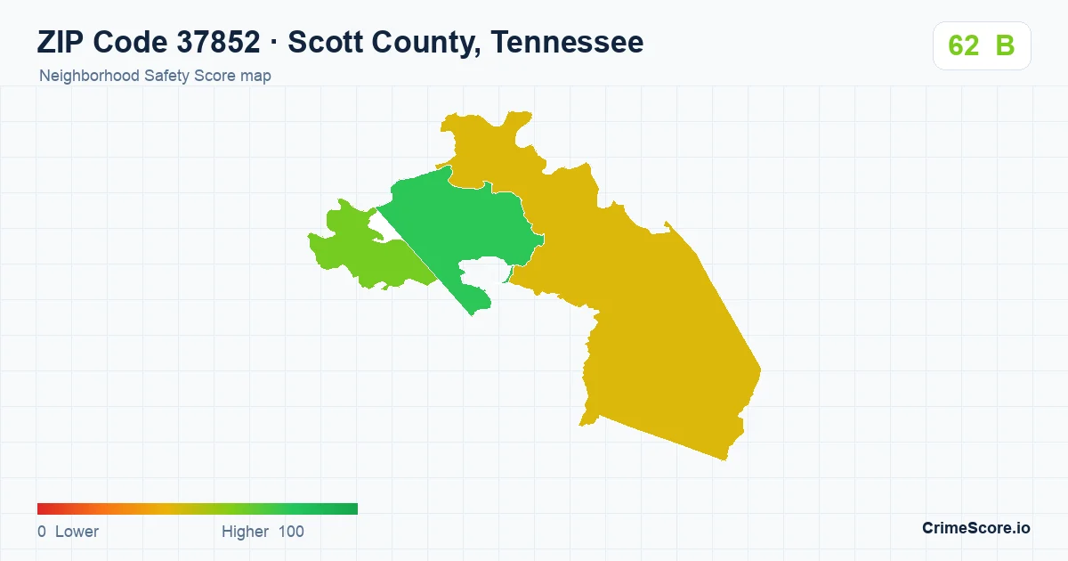 ZIP Code 37852 in Scott County, Tennessee neighborhood Safety Score map