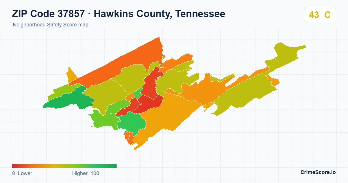 ZIP Code 37857 in Hawkins County, Tennessee neighborhood Safety Score map