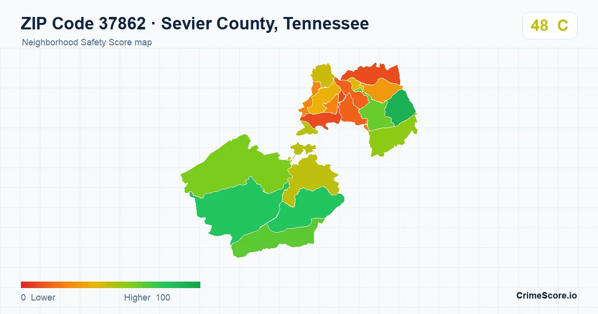 ZIP Code 37862 in Sevier County, Tennessee neighborhood Safety Score map