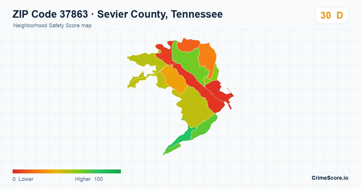 ZIP Code 37863 in Sevier County, Tennessee neighborhood Safety Score map