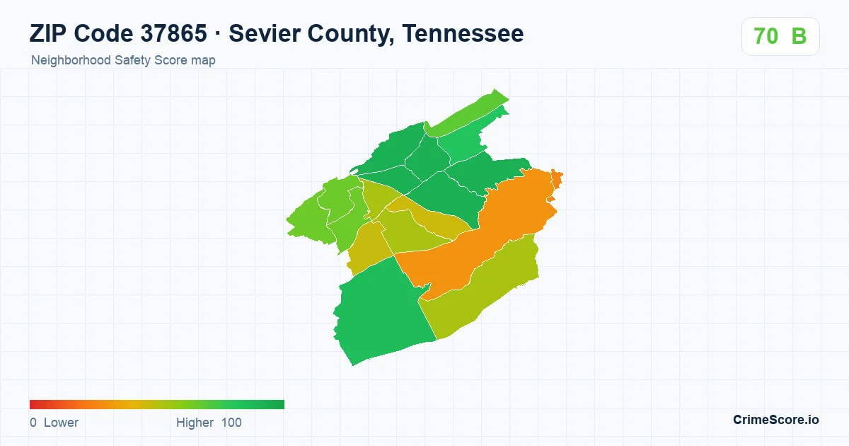 ZIP Code 37865 in Sevier County, Tennessee neighborhood Safety Score map