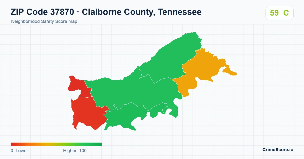 ZIP Code 37870 in Claiborne County, Tennessee neighborhood Safety Score map