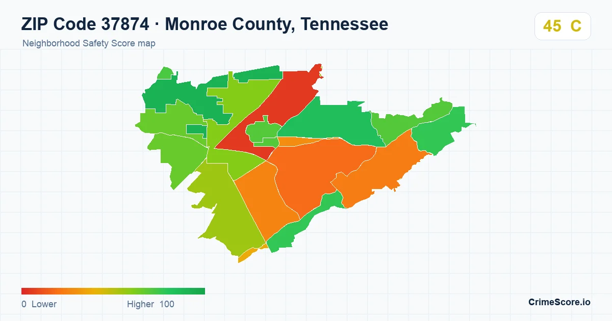 ZIP Code 37874 in Monroe County, Tennessee neighborhood Safety Score map