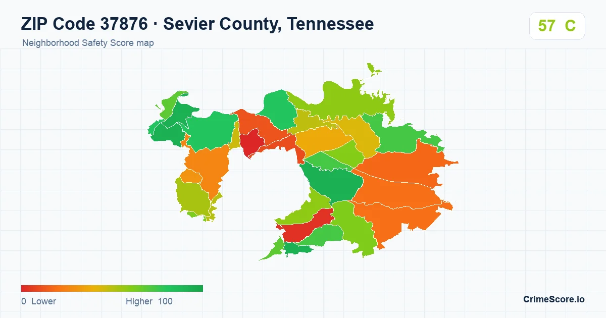 ZIP Code 37876 in Sevier County, Tennessee neighborhood Safety Score map