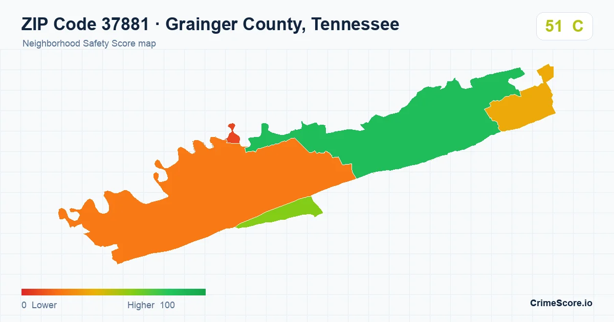ZIP Code 37881 in Grainger County, Tennessee neighborhood Safety Score map